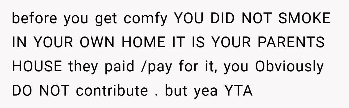 before you get comfy YOU DID NOT SMOKE IN YOUR OWN HOME IT IS YOUR PARENTS HOUSE they paid /pay for it, you Obviously DO NOT contribute . but yea...