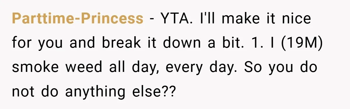 Parttime-Princess − YTA. I'll make it nice for you and break it down a bit. 1. I (19M) smoke weed all day, every day. So you do not do anything...