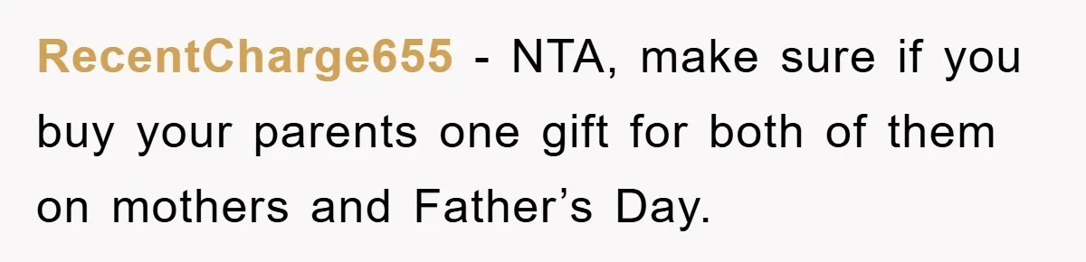 RecentCharge655 − NTA, make sure if you buy your parents one gift for both of them on mothers and Father’s Day.