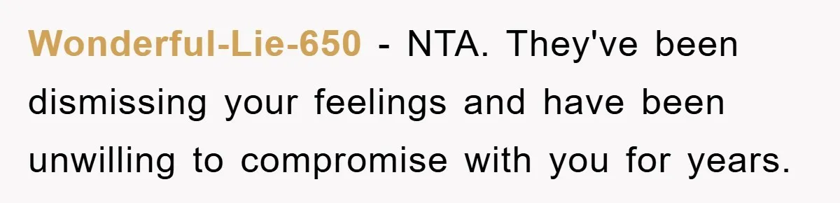 Wonderful-Lie-650 − NTA. They've been dismissing your feelings and have been unwilling to compromise with you for years.