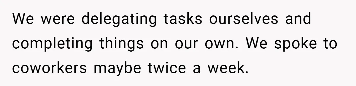 We were delegating tasks ourselves and completing things on our own. We spoke to coworkers maybe twice a week.
