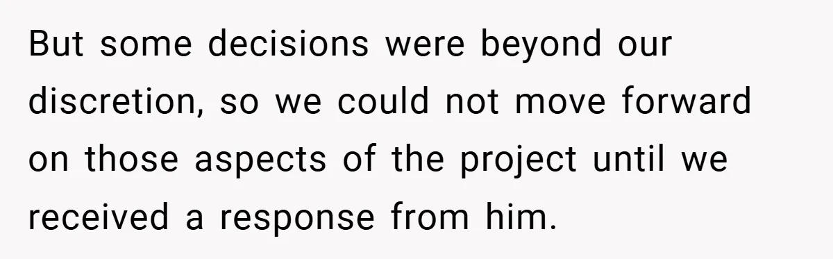 But some decisions were beyond our discretion, so we could not move forward on those aspects of the project until we received a response from him.
