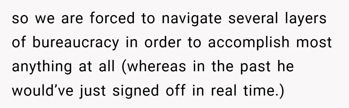 so we are forced to navigate several layers of bureaucracy in order to accomplish most anything at all (whereas in the past he would’ve just signed off in real time.)