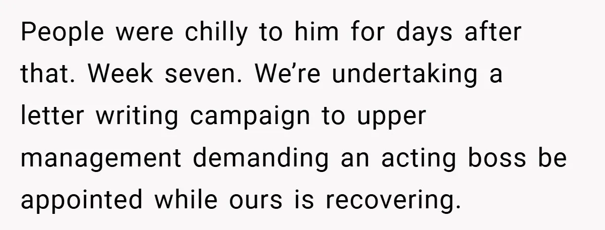 People were chilly to him for days after that. Week seven. We’re undertaking a letter writing campaign to upper management demanding an acting boss be appointed while ours is recovering.