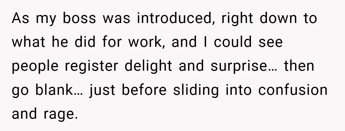 As my boss was introduced, right down to what he did for work, and I could see people register delight and surprise… then go blank… just before sliding into confusion...