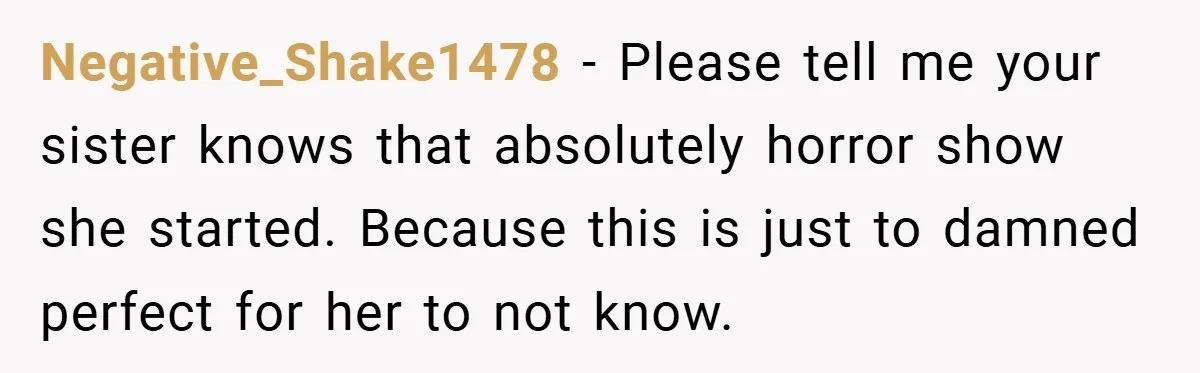 Negative_Shake1478 − Please tell me your sister knows that absolutely horror show she started. Because this is just to damned perfect for her to not know.