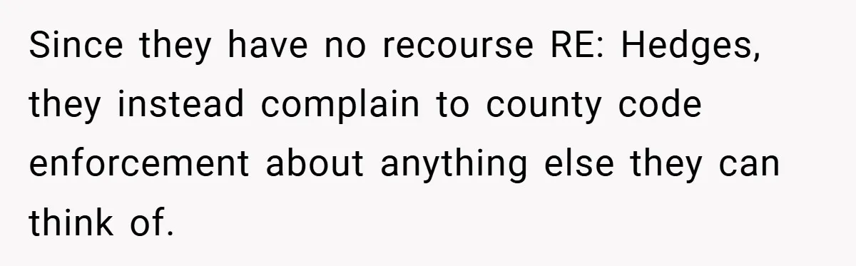 Since they have no recourse RE: Hedges, they instead complain to county code enforcement about anything else they can think of.