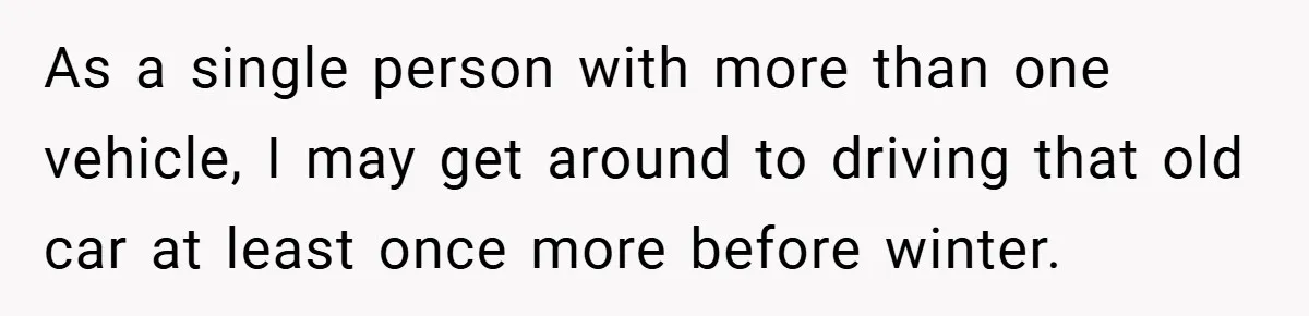 As a single person with more than one vehicle, I may get around to driving that old car at least once more before winter.