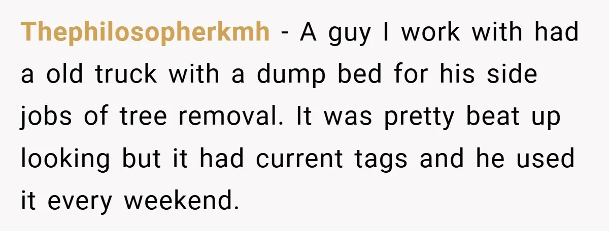 Thephilosopherkmh − A guy I work with had a old truck with a dump bed for his side jobs of tree removal. It was pretty beat up looking but it...