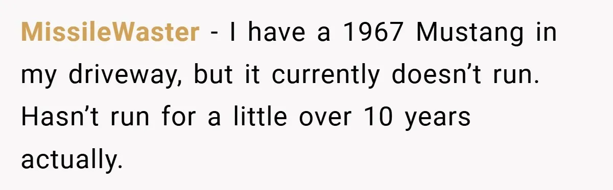 MissileWaster − I have a 1967 Mustang in my driveway, but it currently doesn’t run. Hasn’t run for a little over 10 years actually.