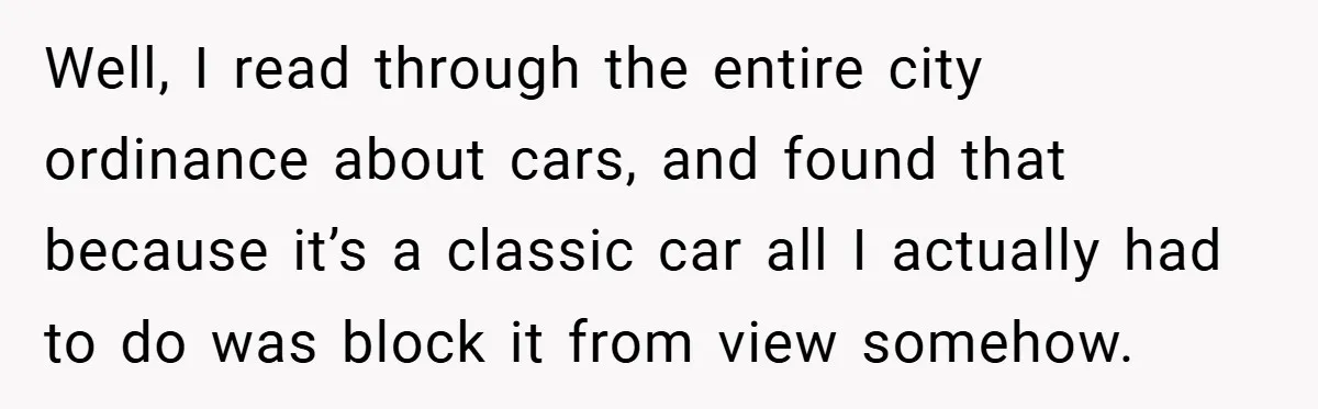 Well, I read through the entire city ordinance about cars, and found that because it’s a classic car all I actually had to do was block it from view somehow.