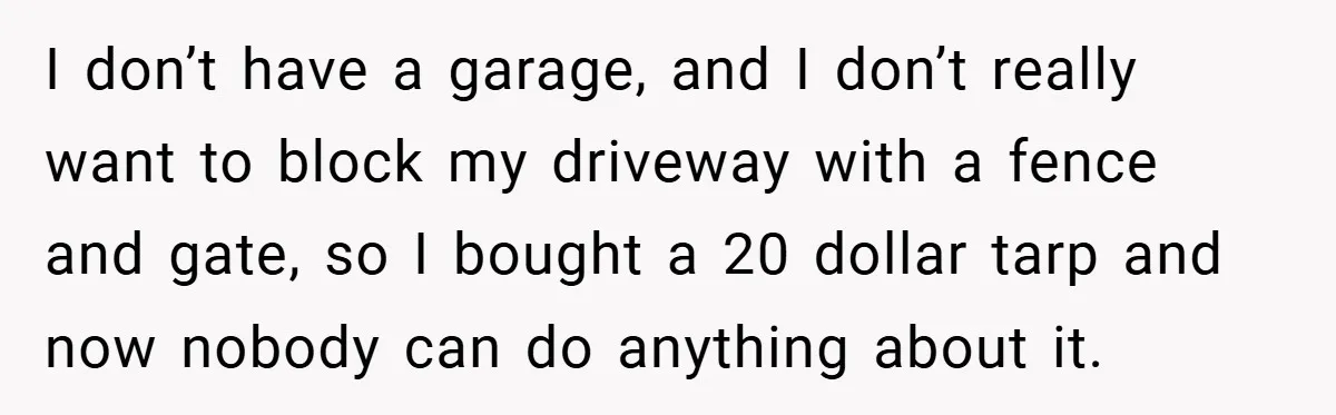 I don’t have a garage, and I don’t really want to block my driveway with a fence and gate, so I bought a 20 dollar tarp and now nobody can...