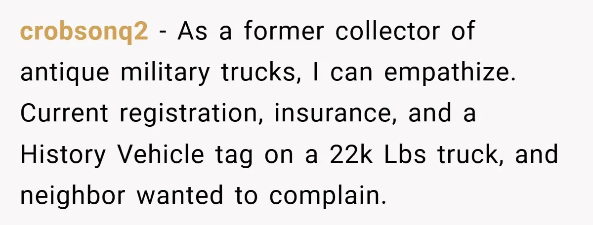 crobsonq2 − As a former collector of antique military trucks, I can empathize. Current registration, insurance, and a History Vehicle tag on a 22k Lbs truck, and neighbor wanted to...