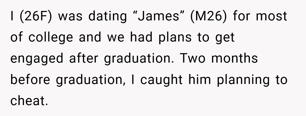 I (26F) was dating “James” (M26) for most of college and we had plans to get engaged after graduation. Two months before graduation, I caught him planning to cheat.