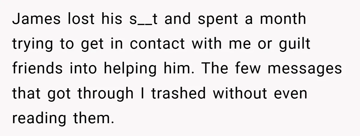 James lost his s__t and spent a month trying to get in contact with me or guilt friends into helping him. The few messages that got through I trashed without...