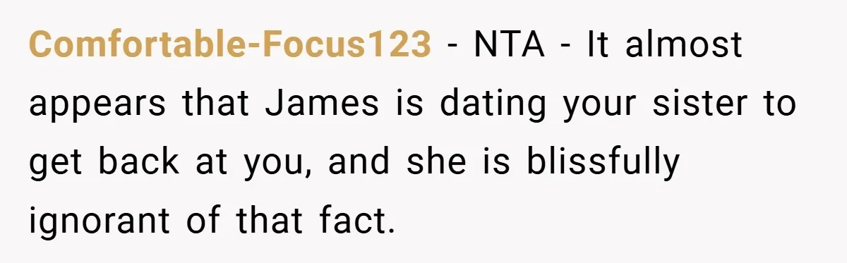 Comfortable-Focus123 − NTA - It almost appears that James is dating your sister to get back at you, and she is blissfully ignorant of that fact.