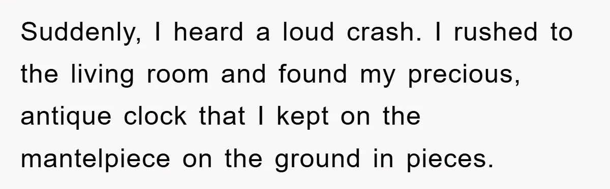 Suddenly, I heard a loud crash. I rushed to the living room and found my precious, antique clock that I kept on the mantelpiece on the ground in pieces.
