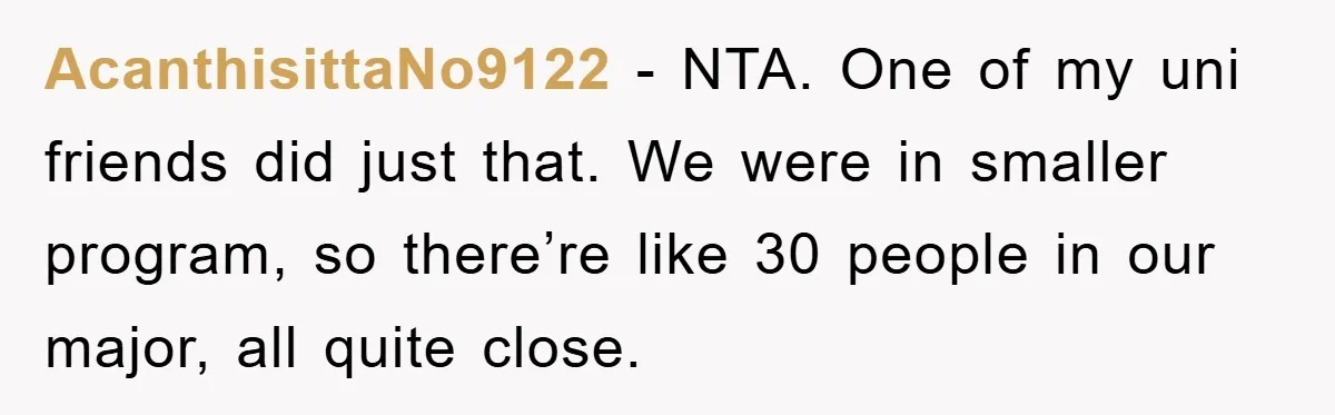 AcanthisittaNo9122 − NTA. One of my uni friends did just that. We were in smaller program, so there’re like 30 people in our major, all quite close.