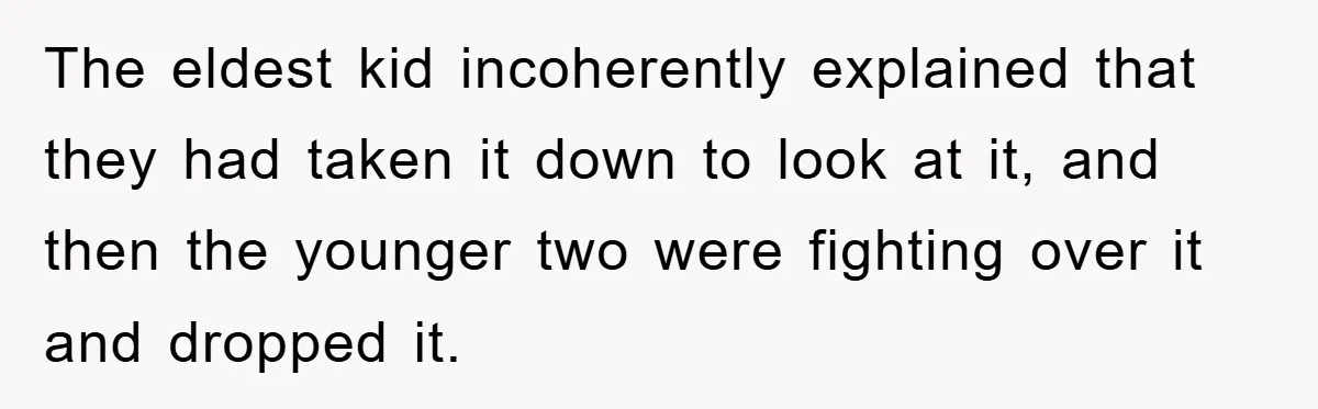 The eldest kid incoherently explained that they had taken it down to look at it, and then the younger two were fighting over it and dropped it.