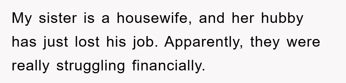 My sister is a housewife, and her hubby has just lost his job. Apparently, they were really struggling financially.