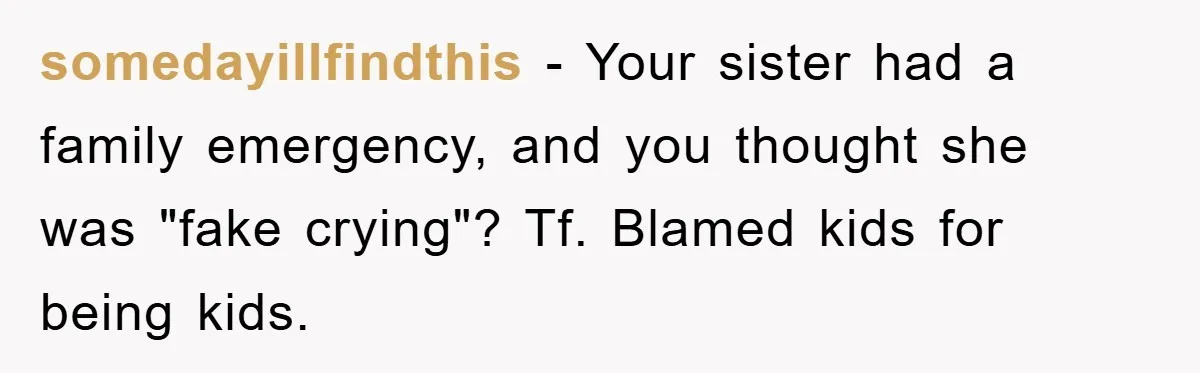 somedayillfindthis − Your sister had a family emergency, and you thought she was "fake crying"? Tf. Blamed kids for being kids.