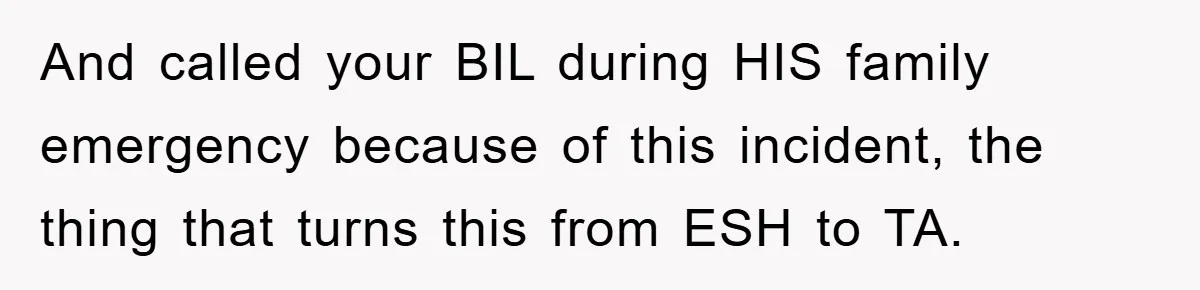 And called your BIL during HIS family emergency because of this incident, the thing that turns this from ESH to TA.