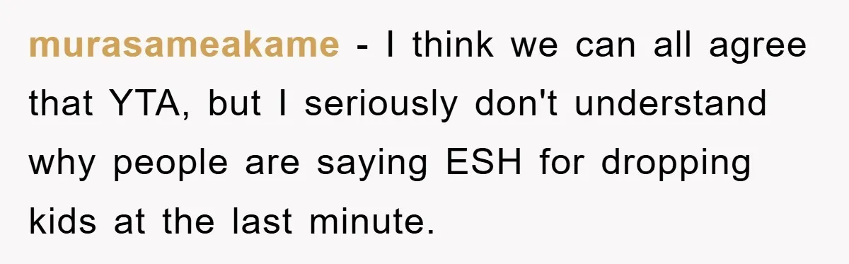 murasameakame − I think we can all agree that YTA, but I seriously don't understand why people are saying ESH for dropping kids at the last minute.