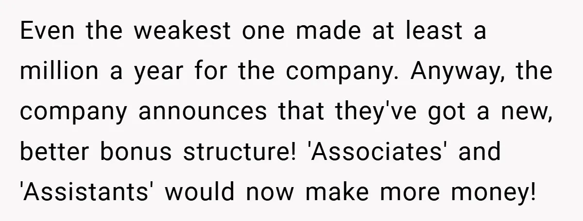 Even the weakest one made at least a million a year for the company. Anyway, the company announces that they've got a new, better bonus structure! 'Associates' and 'Assistants' would...
