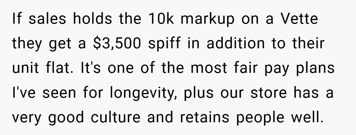 If sales holds the 10k markup on a Vette they get a $3,500 spiff in addition to their unit flat. It's one of the most fair pay plans I've seen...