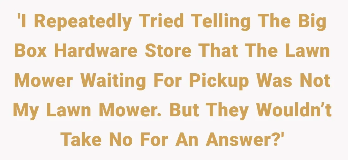 'I repeatedly tried telling the Big Box hardware store that the lawn mower waiting for pickup was not my lawn mower. But they wouldn’t take no for an answer?'