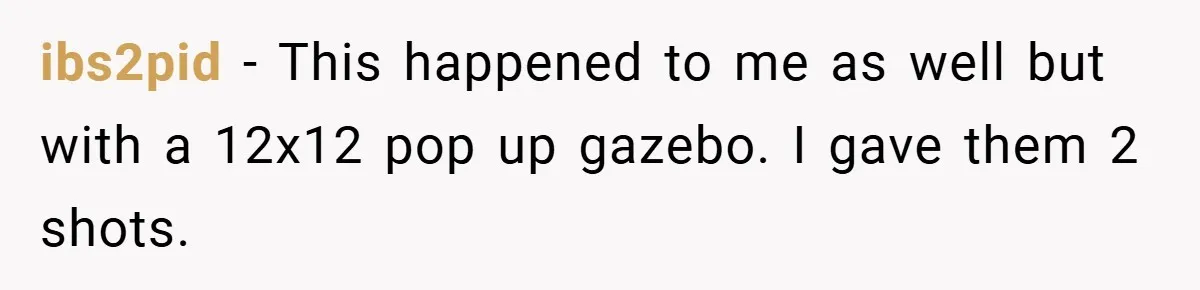 ibs2pid − This happened to me as well but with a 12x12 pop up gazebo. I gave them 2 shots.