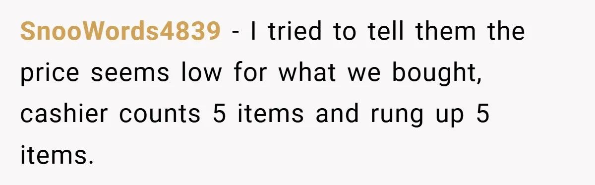 SnooWords4839 − I tried to tell them the price seems low for what we bought, cashier counts 5 items and rung up 5 items.