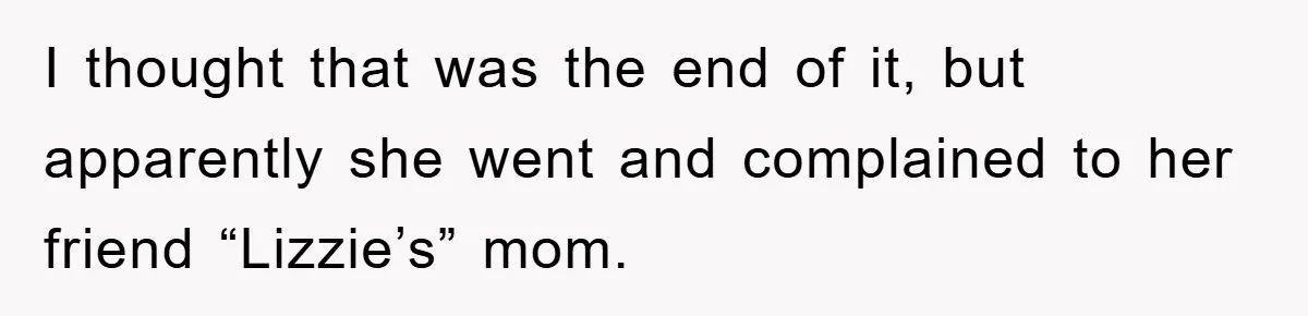 I thought that was the end of it, but apparently she went and complained to her friend “Lizzie’s” mom.