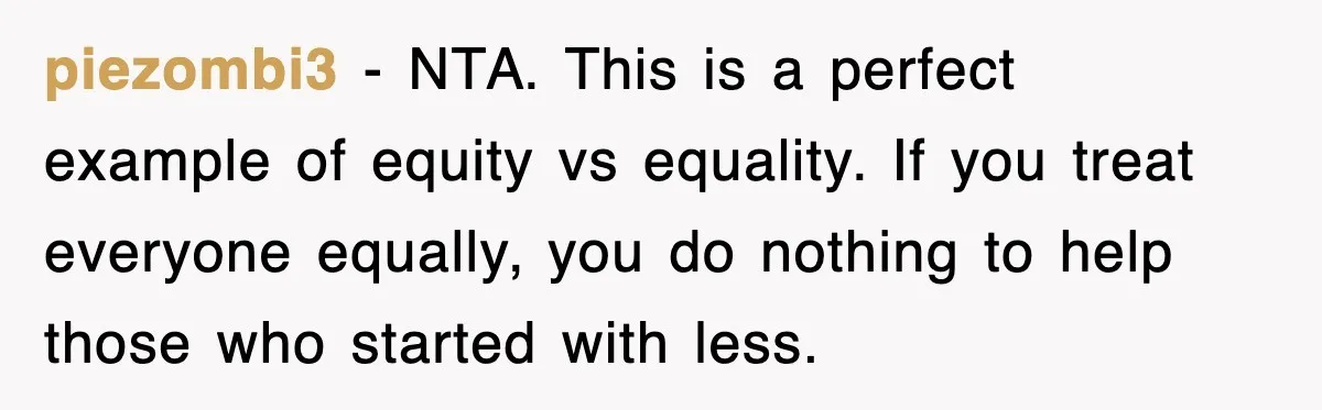 piezombi3 - NTA. This is a perfect example of equity vs equality. If you treat everyone equally, you do nothing to help those who started with less.