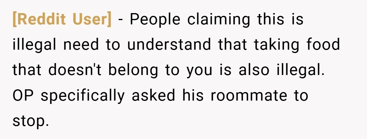 [Reddit User] − People claiming this is illegal need to understand that taking food that doesn't belong to you is also illegal. OP specifically asked his roommate to stop.