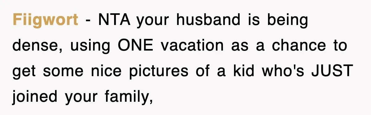 Fiigwort - NTA your husband is being dense, using ONE vacation as a chance to get some nice pictures of a kid who's JUST joined your family,