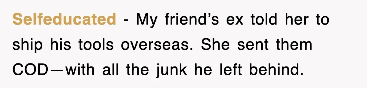 Selfeducated - My friend’s ex told her to ship his tools overseas. She sent them COD—with all the junk he left behind.