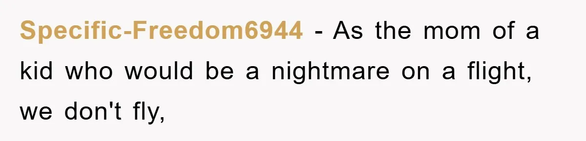 Specific-Freedom6944 − As the mom of a kid who would be a nightmare on a flight, we don't fly,