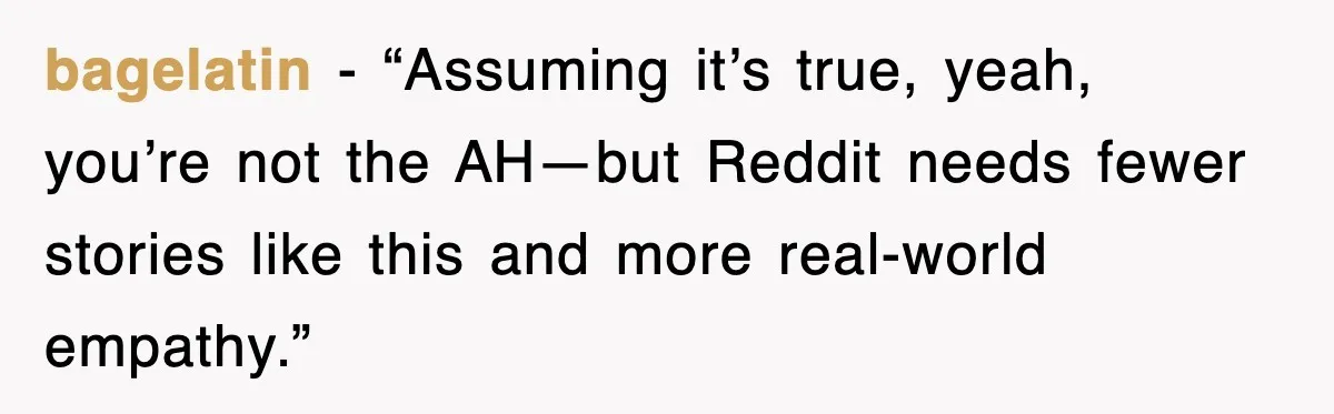 bagelatin - “Assuming it’s true, yeah, you’re not the AH—but Reddit needs fewer stories like this and more real-world empathy.”