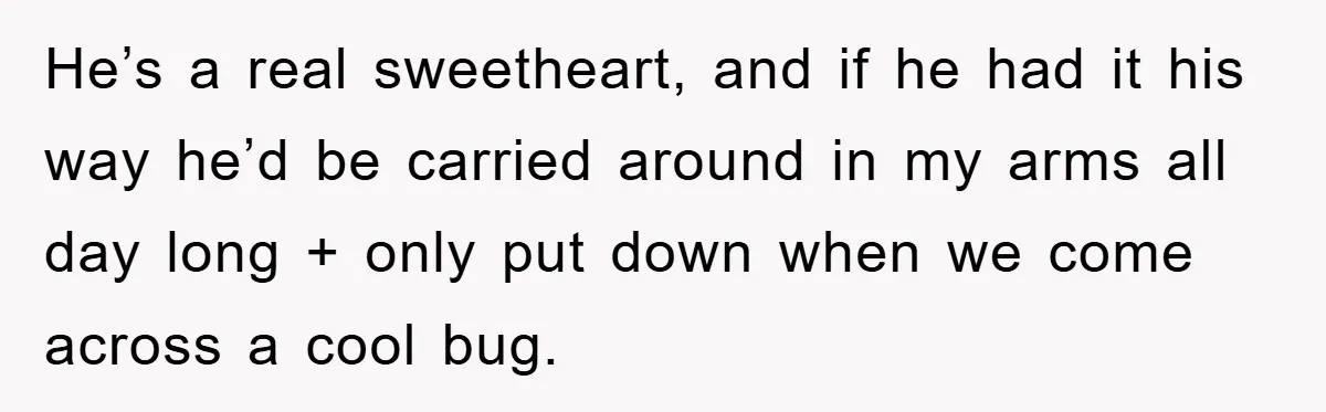He’s a real sweetheart, and if he had it his way he’d be carried around in my arms all day long + only put down when we come across a...