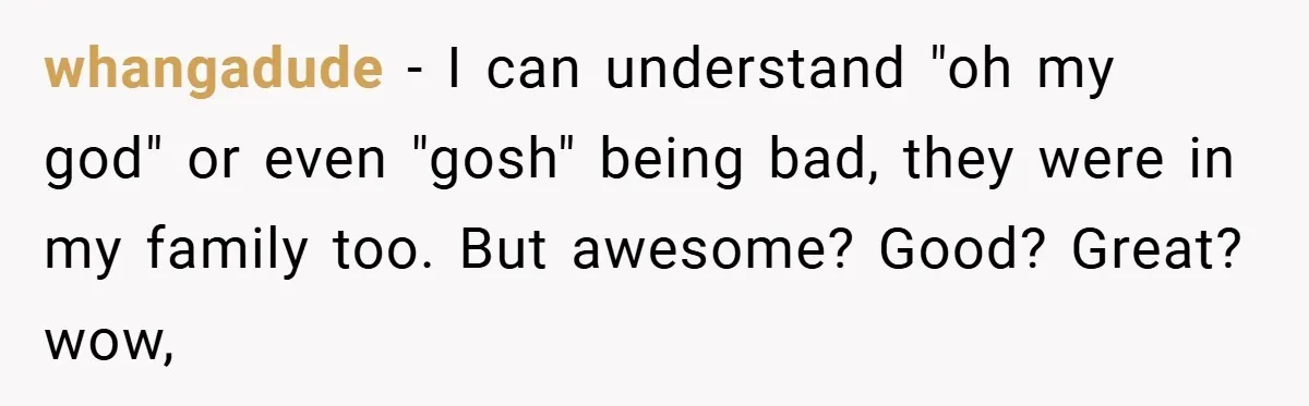 whangadude − I can understand "oh my god" or even "gosh" being bad, they were in my family too. But awesome? Good? Great? wow,