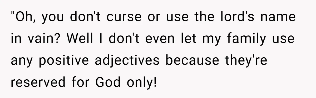 "Oh, you don't curse or use the lord's name in vain? Well I don't even let my family use any positive adjectives because they're reserved for God only!