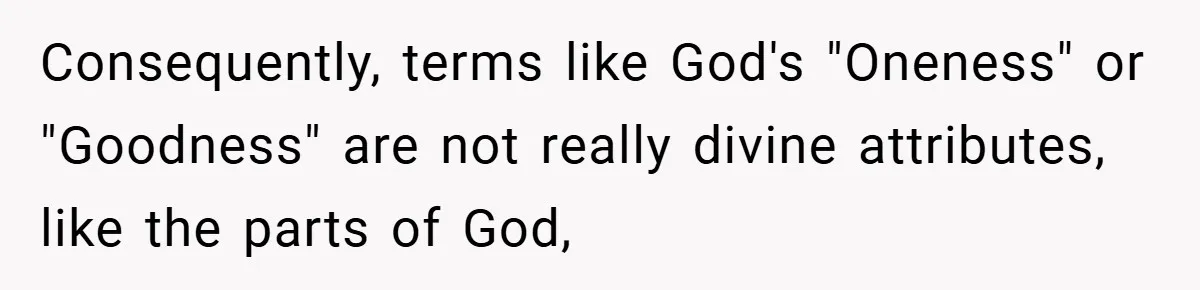 Consequently, terms like God's "Oneness" or "Goodness" are not really divine attributes, like the parts of God,