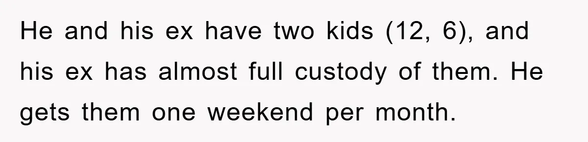 He and his ex have two kids (12, 6), and his ex has almost full custody of them. He gets them one weekend per month.