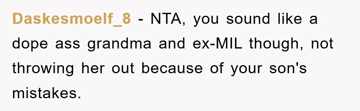 Daskesmoelf_8 − NTA, you sound like a dope ass grandma and ex-MIL though, not throwing her out because of your son's mistakes.