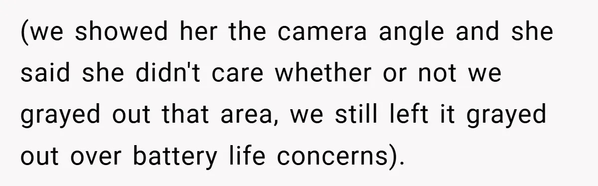 (we showed her the camera angle and she said she didn't care whether or not we grayed out that area, we still left it grayed out over battery life concerns).