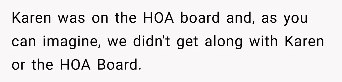 Karen was on the HOA board and, as you can imagine, we didn't get along with Karen or the HOA Board.