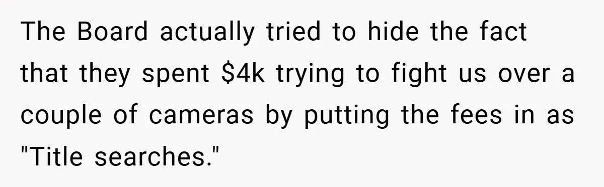 The Board actually tried to hide the fact that they spent $4k trying to fight us over a couple of cameras by putting the fees in as "Title searches."