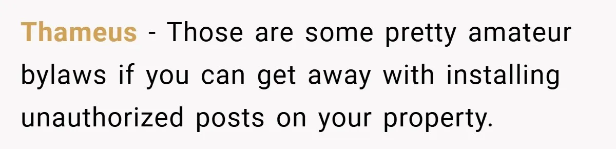 Thameus − Those are some pretty amateur bylaws if you can get away with installing unauthorized posts on your property.