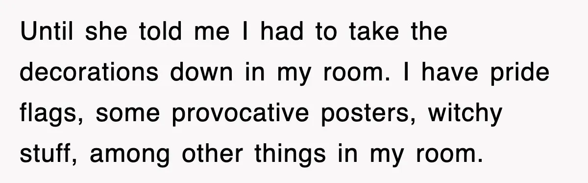Until she told me I had to take the decorations down in my room. I have pride flags, some provocative posters, witchy stuff, among other things in my room.